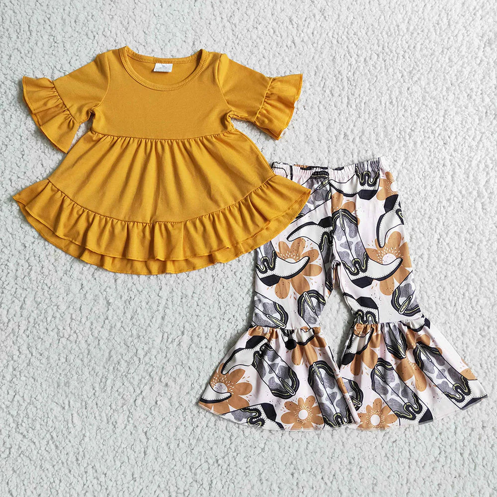 Sibling Baby Girls Short Ruffle Sleeve Ruffle Tunic Farm Western Bell Bottom Pants Clothes Sets
