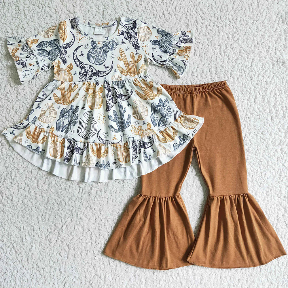 Sibling Baby Girls Short Ruffle Sleeve Ruffle Tunic Farm Western Bell Bottom Pants Clothes Sets