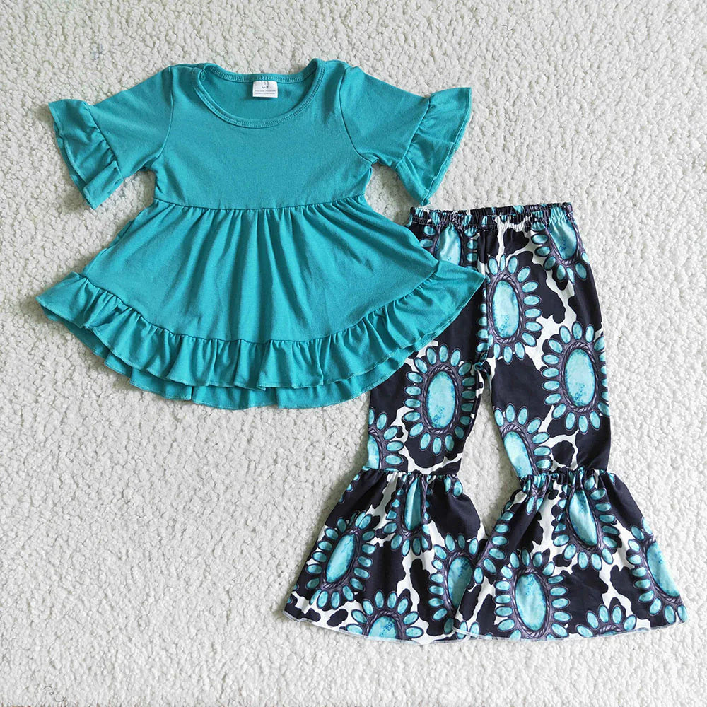 Sibling Baby Girls Short Ruffle Sleeve Ruffle Tunic Farm Western Bell Bottom Pants Clothes Sets
