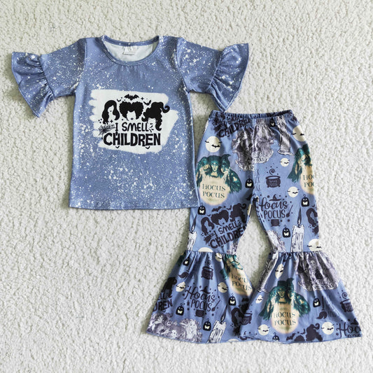 GSPO0121 Witch Ruffle Top Bell Pants Girls Halloween Clothes Set