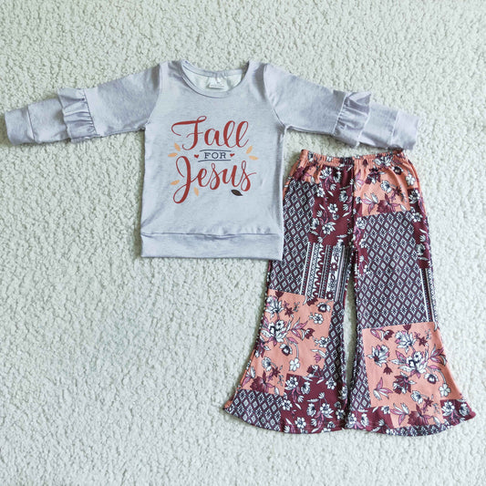 GSPO0126 FALL For Jesus Grey Top Flowers Bell Pants Girls Clothes Set