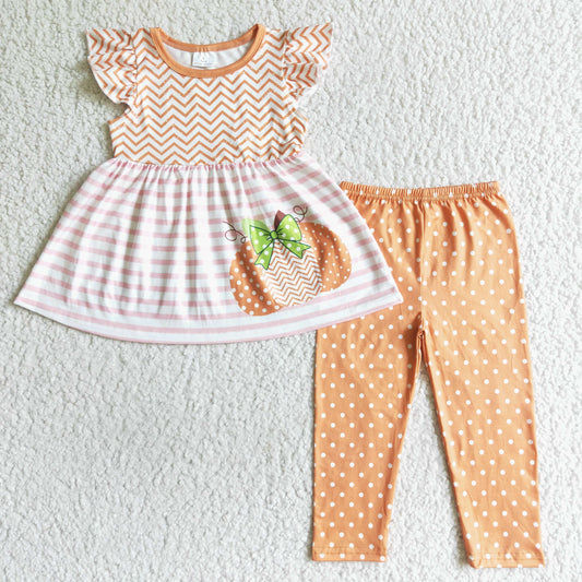 GSPO0172 Pumpkin Flutter Sleeve Tunic Top Dots Legging Pants Girls Fall Clothes Set