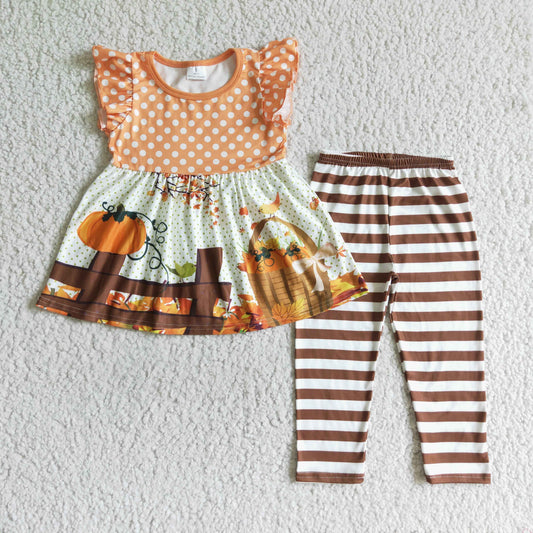 GSPO0173 Pumpkin Tunic Top Stripes Legging Pants Girls Fall Clothes Set