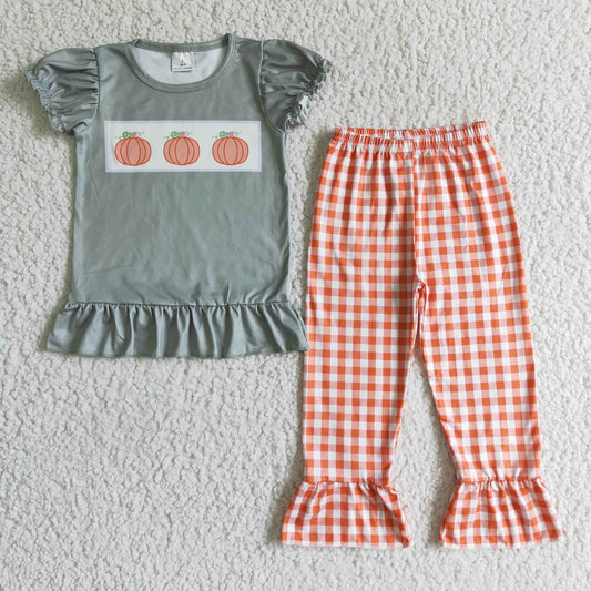 GSPO0175 Pumpkin Top Plaid Ruffle Pants Girls Fall Clothes Set