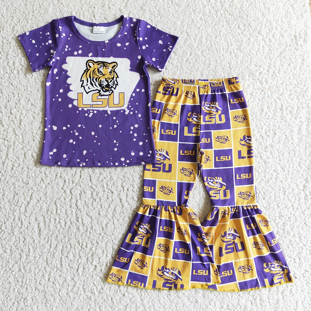 Sibling Mama and Me Kids Bows LSU Tigers Team Clothes Sets Polo Shirt Yoga Active Butterfly Shorts
