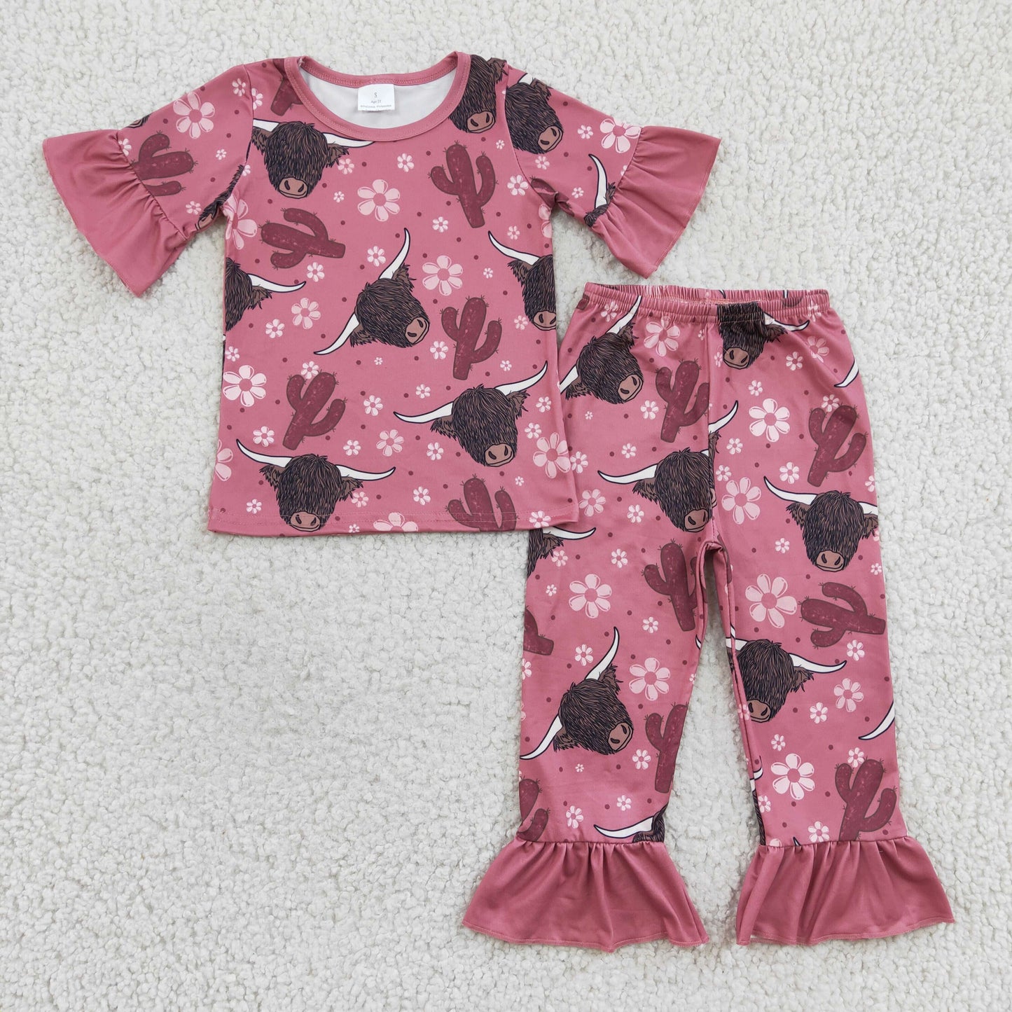 (Promotion)GSPO0326 Highland Cow Cactus Short Sleeve Pants Girls Pajama Outfits
