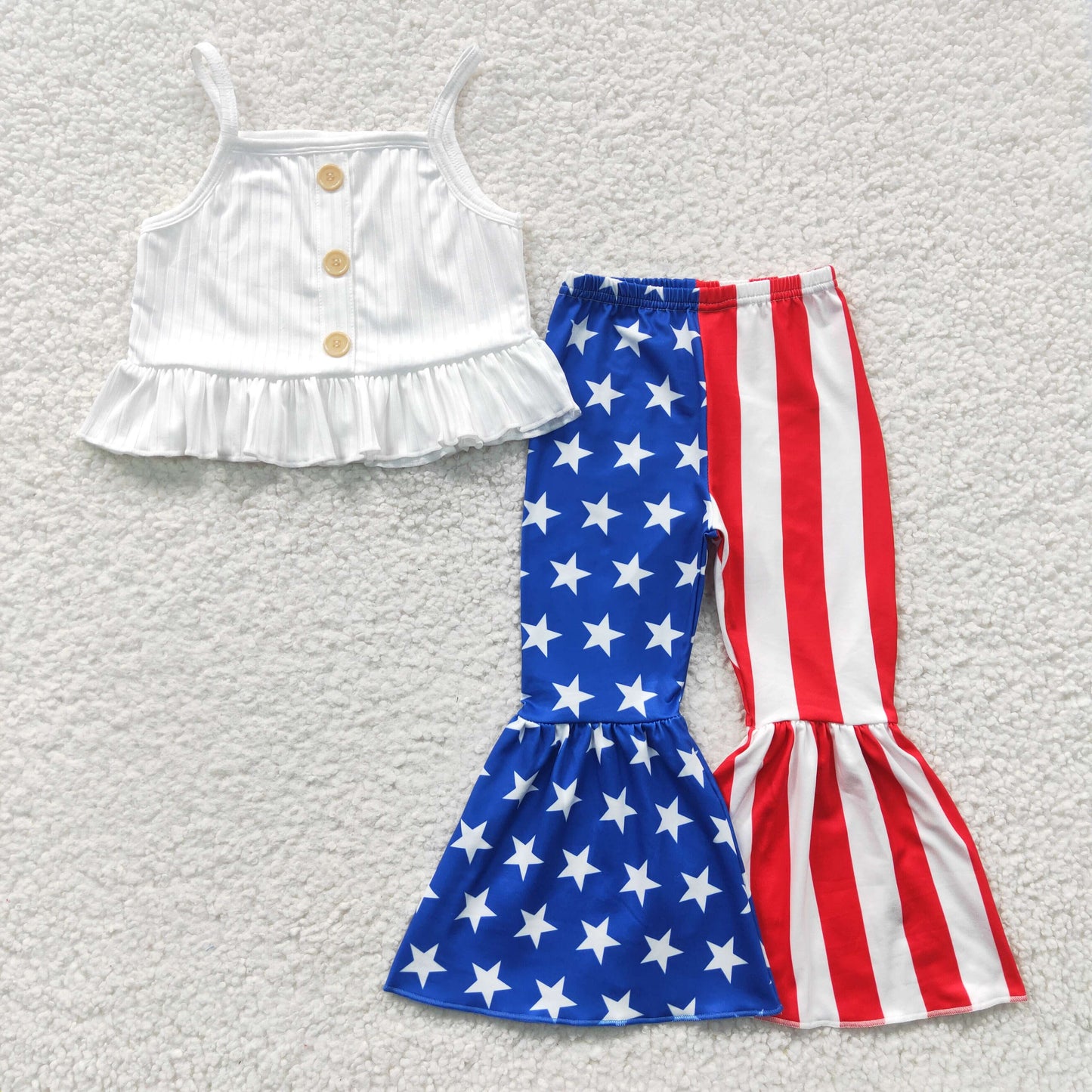 GSPO0480  White Ribbed Strap Crop Top Stars Stripes Bell Pants Girls 4th of July Clothes Set
