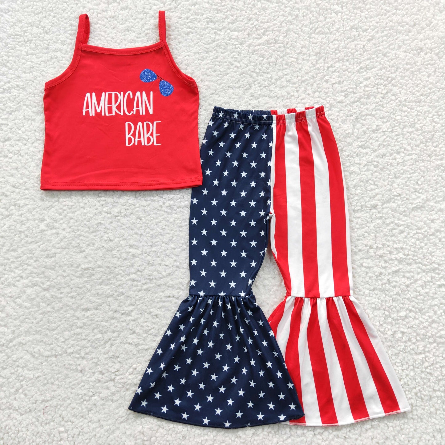 GSPO0533  American Babe Strap Crop Red Top Stars Stripes Bell Pants Girls 4th of July Clothes Set