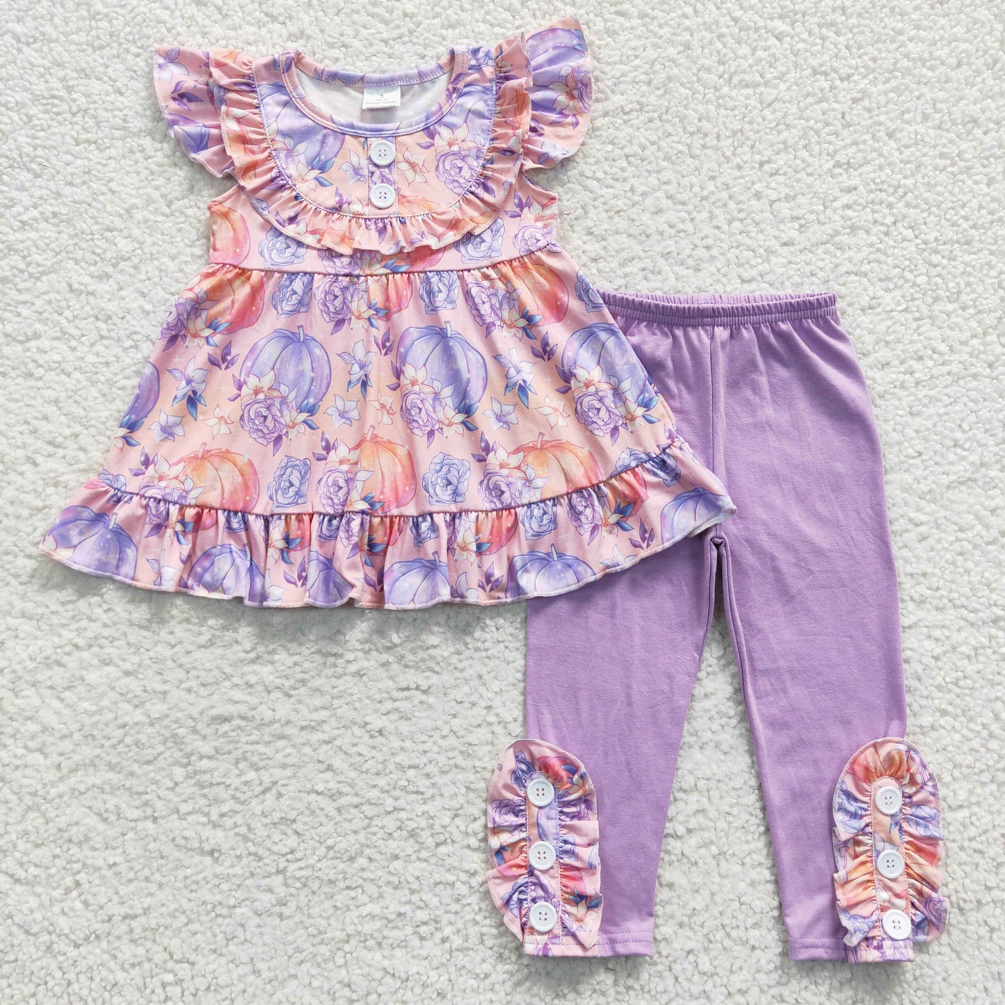 GSPO0616 Pumpkin Flowers Tunic Top Purple Pants Girls Fall Clothes Set