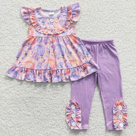 GSPO0616 Pumpkin Flowers Tunic Top Purple Pants Girls Fall Clothes Set