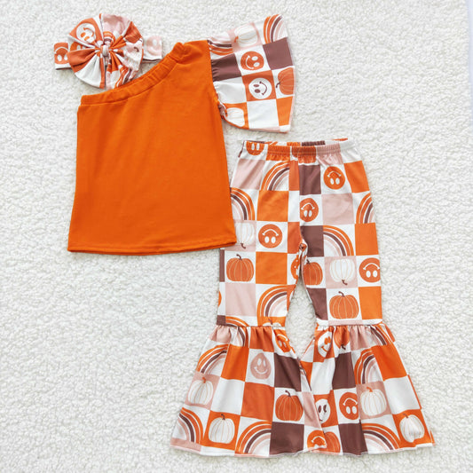 GSPO0620  Orange One Shoulder Sleeve Top Pumpkin Checkerd Bell Pants Girls Fall Clothes Set