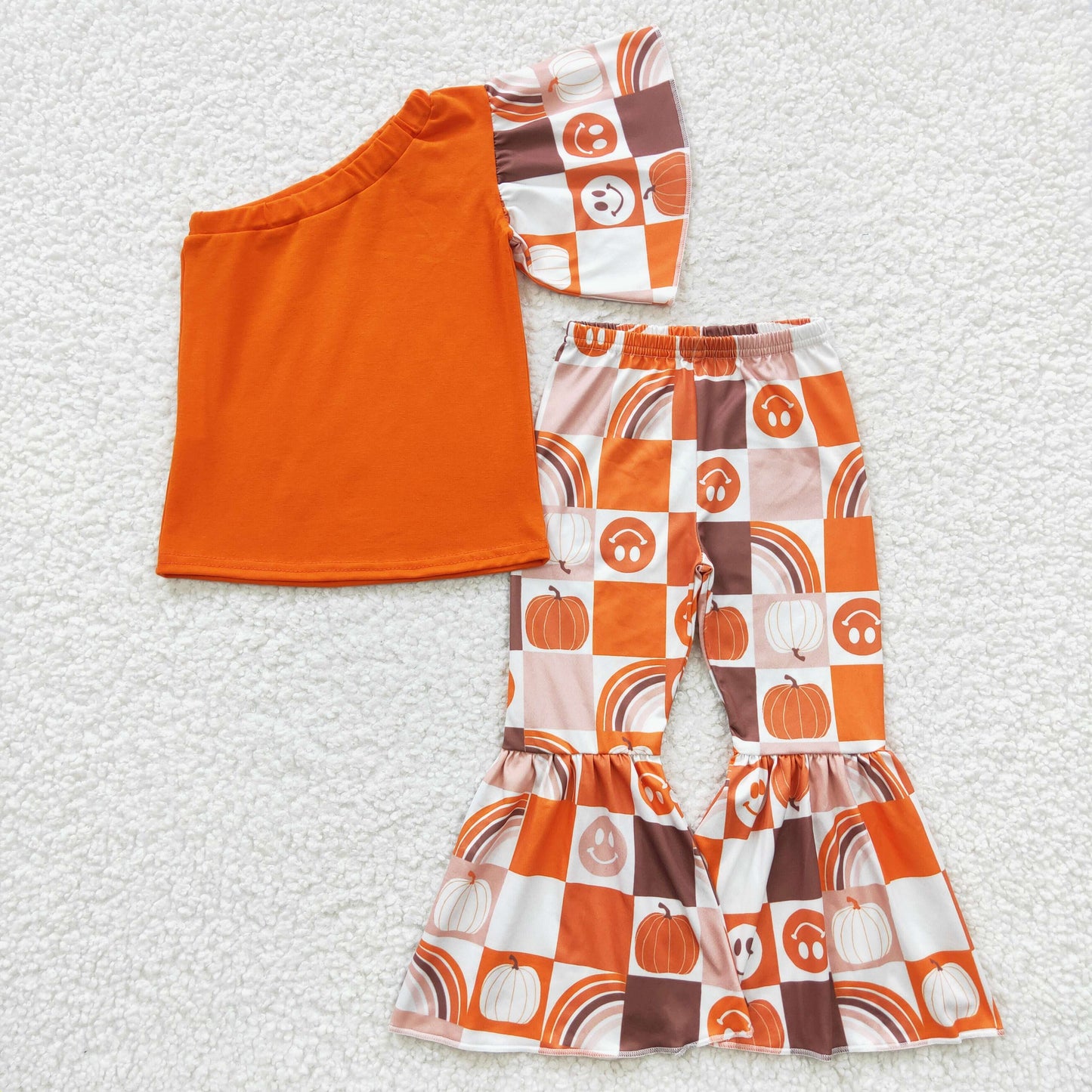 GSPO0620  Orange One Shoulder Sleeve Top Pumpkin Checkerd Bell Pants Girls Fall Clothes Set