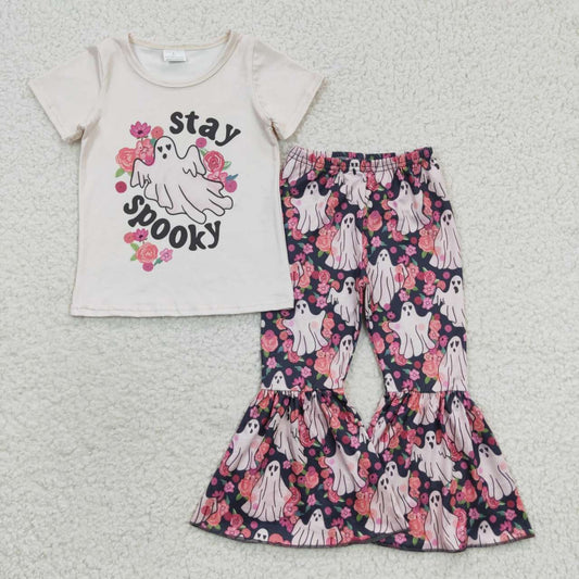 GSPO0664 Stay Spooky Flowers Top Bell Pants Girls Halloween Clothes Set
