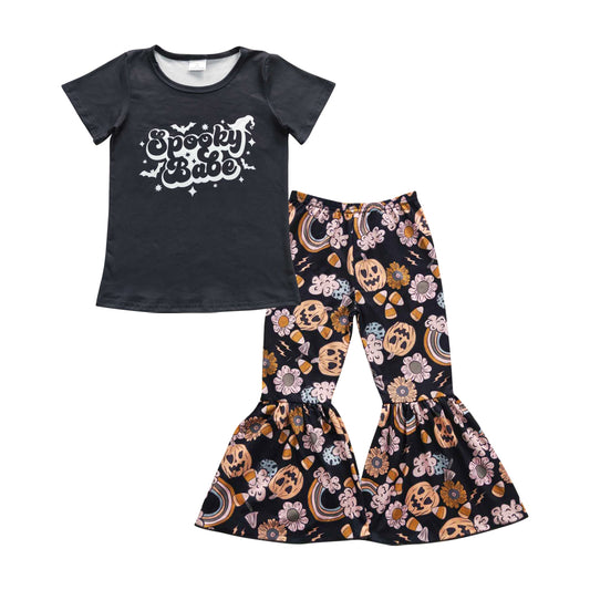 GSPO0667 Spooky Babe Black Top Flowers Bell Pants Girls Halloween Clothes Set