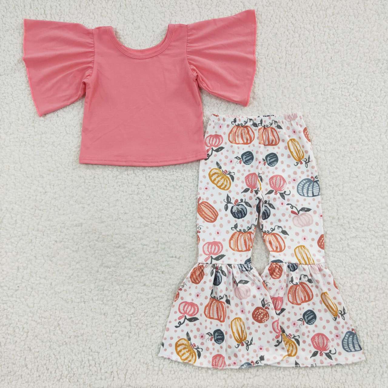 GSPO0670 Pink Top Pumpkin Bell Pants Girls Fall Clothes Set