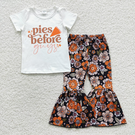 GSPO0699  Pie White Top Flowers Bell Pants Girls Thanksgiving Clothes Set