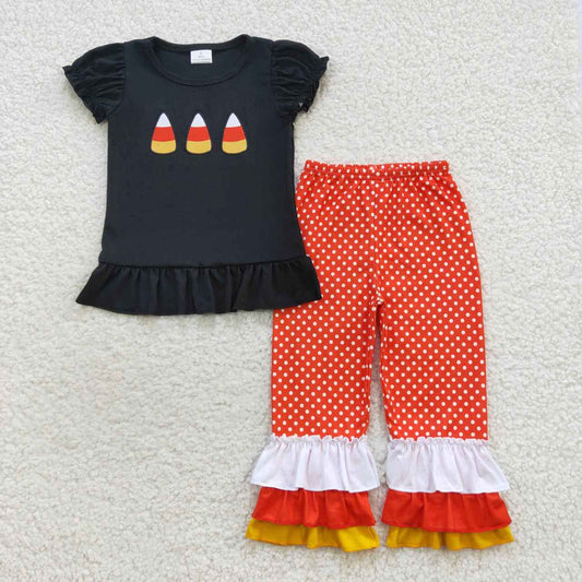 GSPO0709 Candy Embroidery Black Top Dots Ruffle Pants Girls Halloween Clothes Set