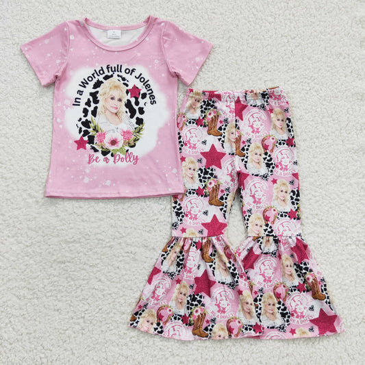 GSPO0719  Singer Doll* Pink Top Flowers Boots Bell Pants Girls Clothes Set