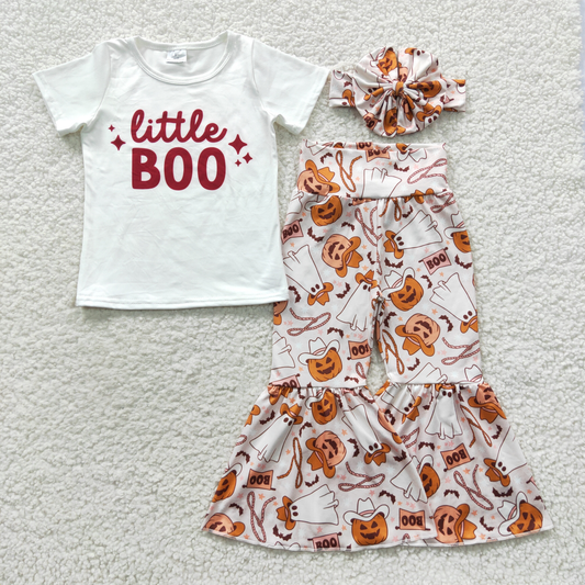 GSPO0723  LITTLE BOO White Top Cowboy Pumpkin Bell Pants Girls Halloween Clothes Set