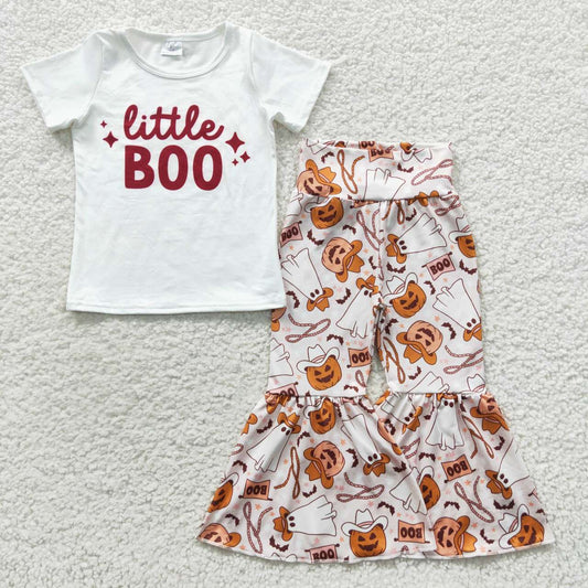 GSPO0723  LITTLE BOO White Top Cowboy Pumpkin Bell Pants Girls Halloween Clothes Set
