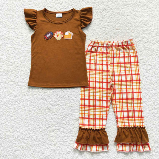 GSPO0759 Football Turkey Pie Embroidery Brown Top Checkerd Pants Girls Thanksgiving Clothes Set