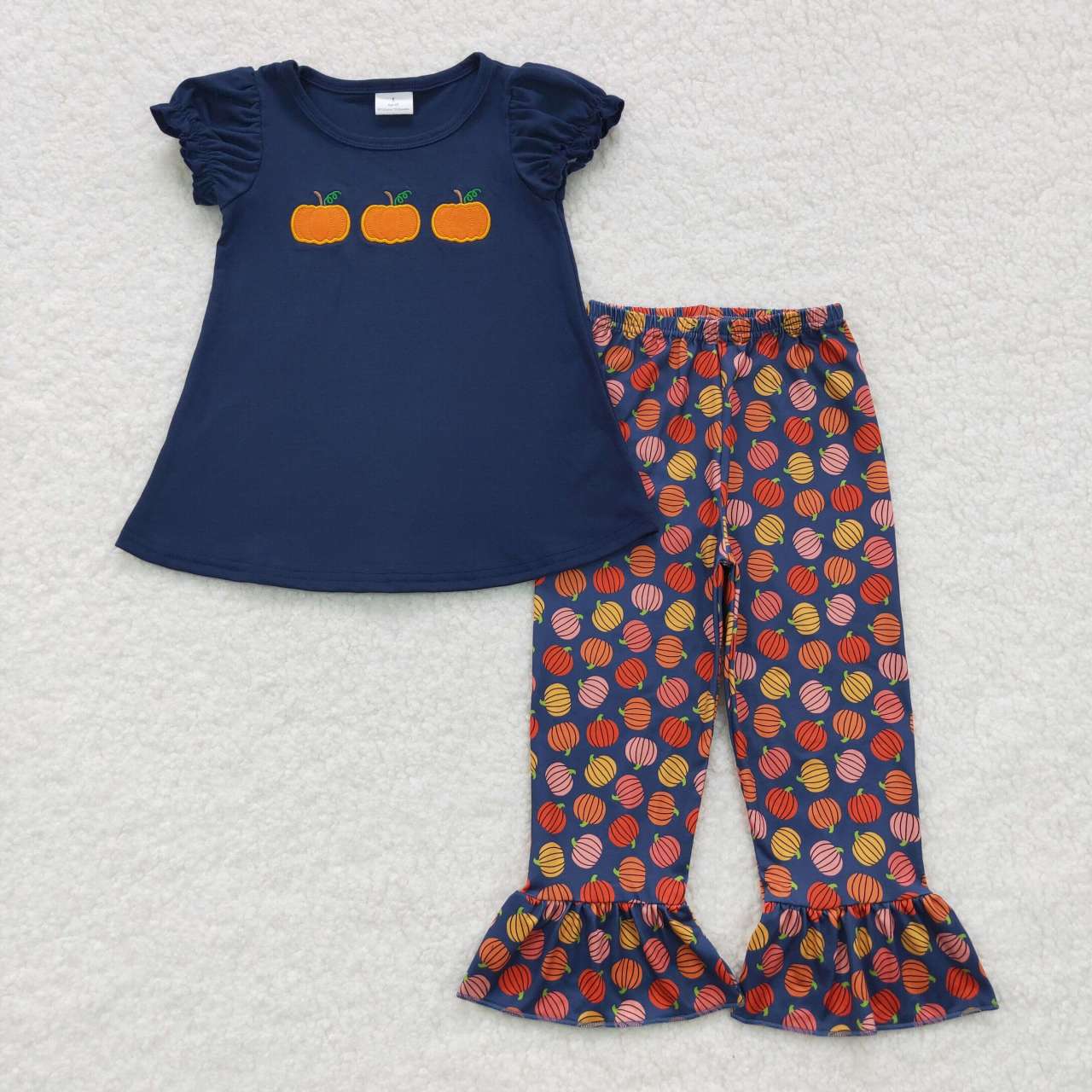 GSPO0762 Pumpkin Embroidery Navy Top Ruffle Pants Girls Fall Clothes Set