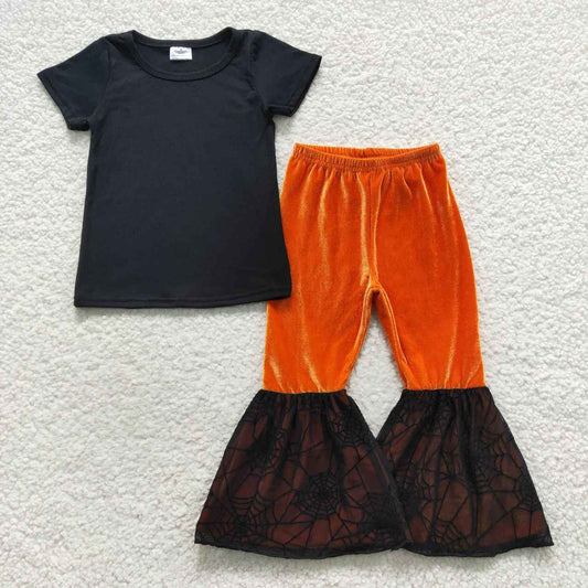 GSPO0772 Black Top Velvet WEB Tulle Bell Pants Girls Halloween Clothes Set