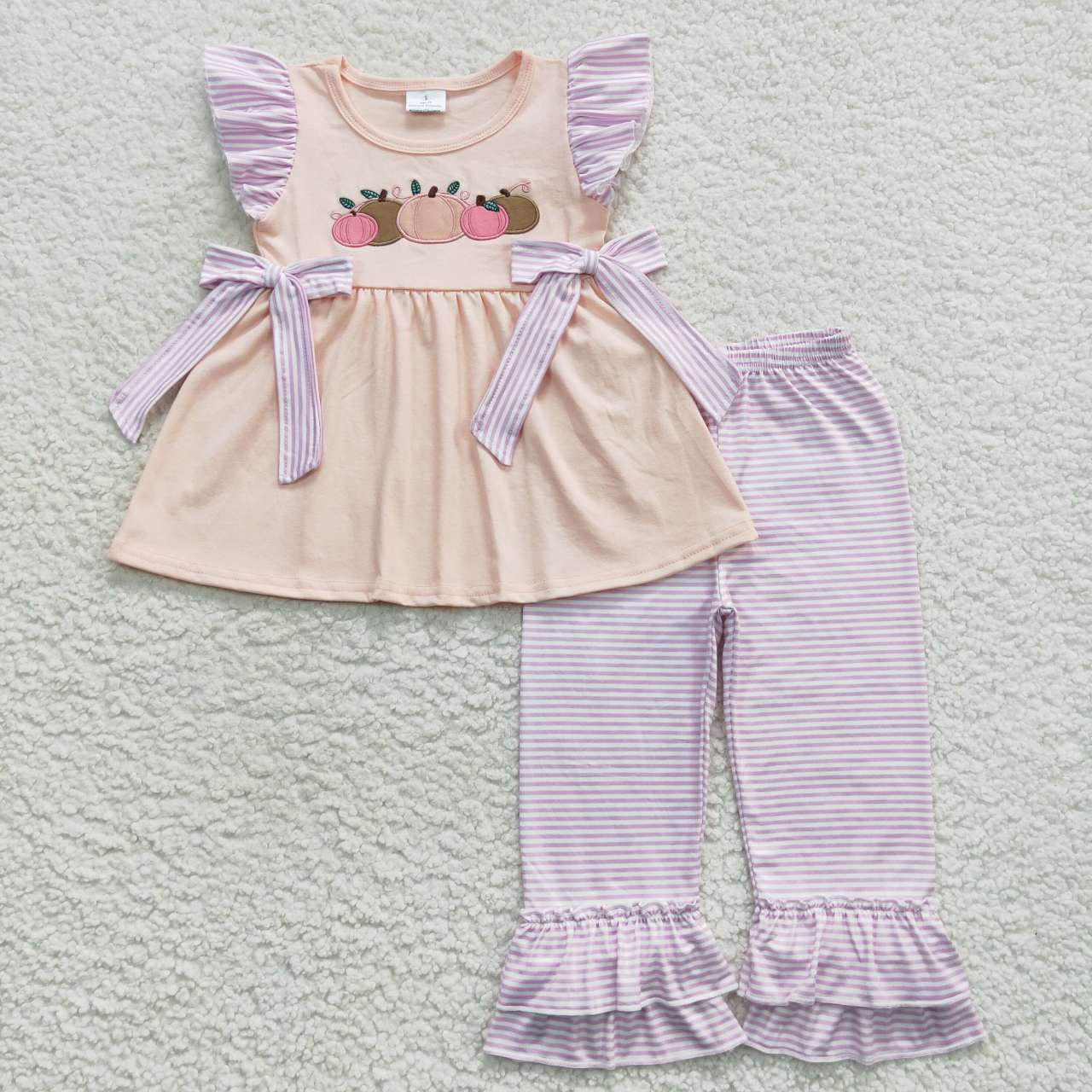 GSPO0783 Pumpkin Embroidery Pink Top Stripes Ruffle Pants Girls Fall Clothes Set