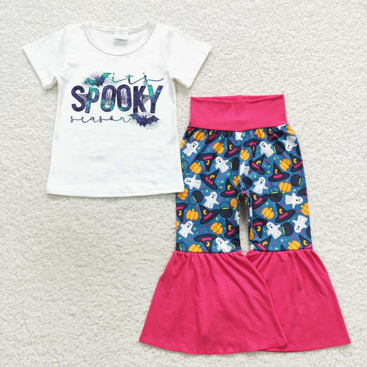 GSPO0800 Spooky White Top Pumpkin Bell Pants Girls Halloween Clothes Set