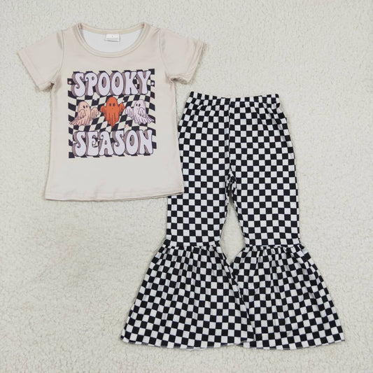 GSPO0804 Spooky Season Top Checkerd Bell Pants Girls Halloween Clothes Set