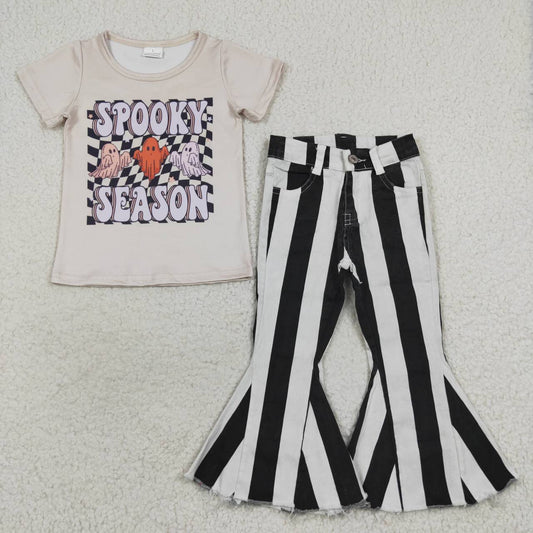 GSPO0805 SPOOKY SEASON Top Stripes Jeans Girls Halloween Clothes Set