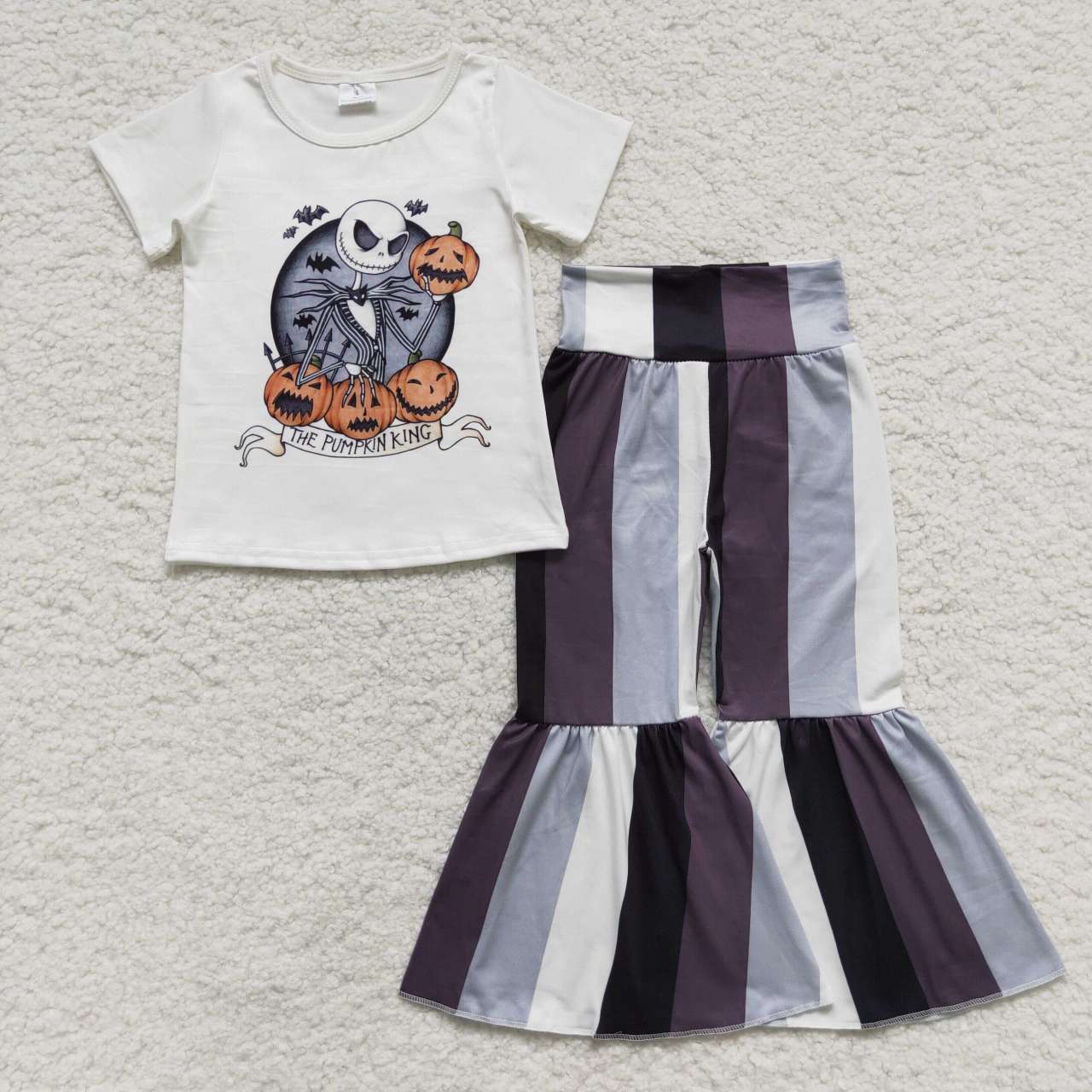 GSPO0812  Nightmar* Pumpkin Top Stripes Bell Pants Girls Halloween Clothes Set