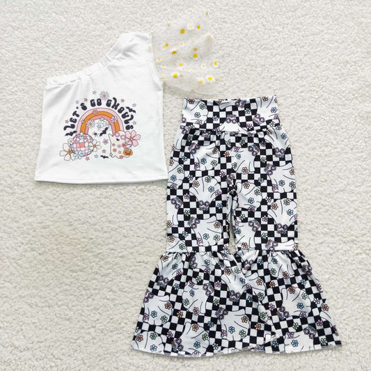 GSPO0820  Ghost Flowers One Shoulder Sleeve Top Checkerd Bell Pants Girls Halloween Clothes Set