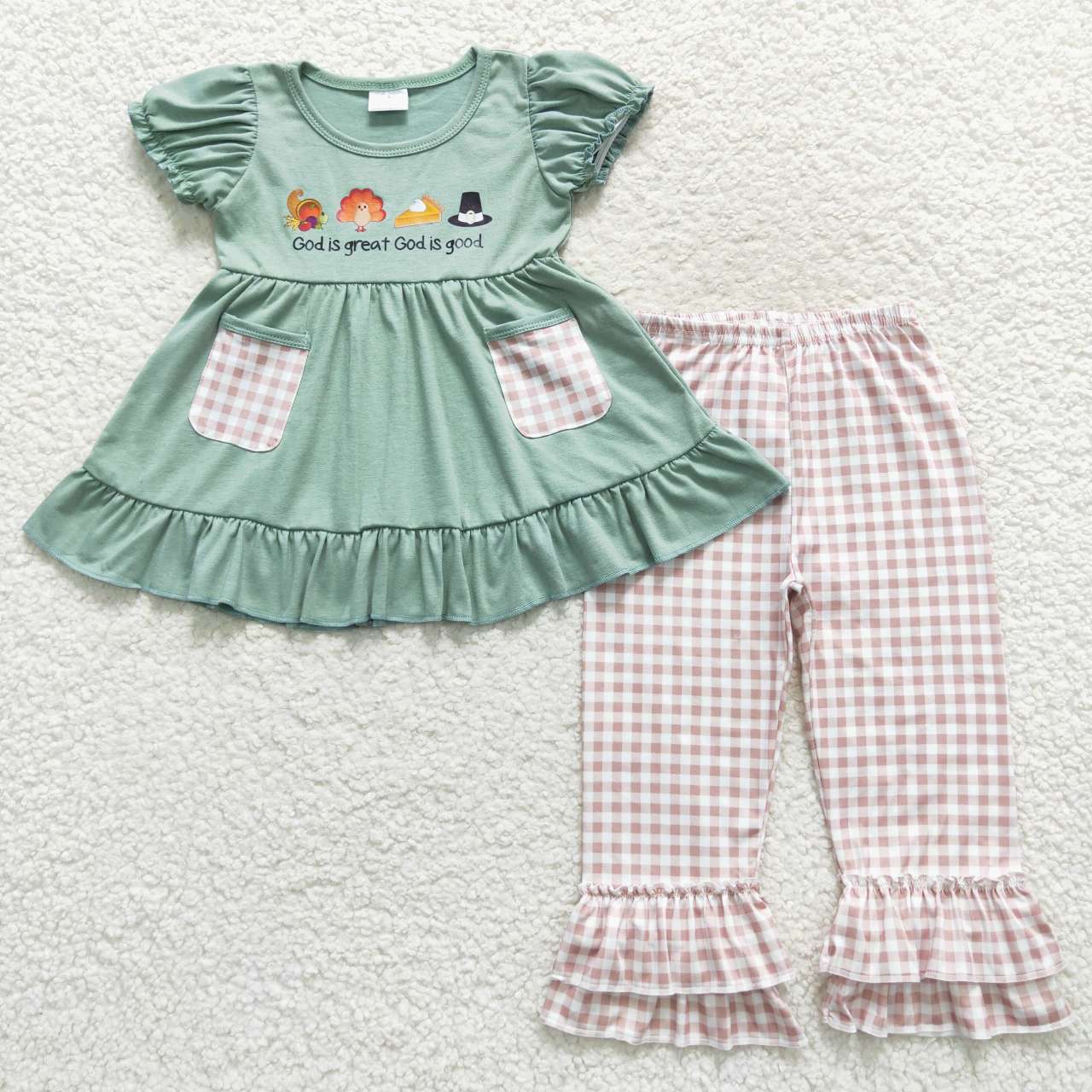 GSPO0827 Turkey Pie Vinyl Pockets Tunic Top Checkerd Pants Girls Thanksgiving Clothes Set