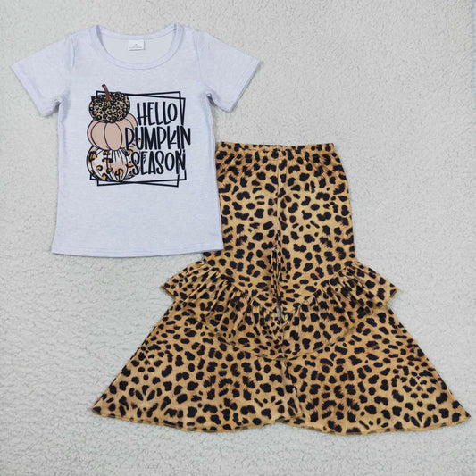 GSPO0836 Pumpkin Season White Top Leopard Bell Pants Girls Fall Clothes Set