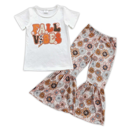 GSPO0866 FALL VIBES Top Flowers Bell Pants Girls Clothes Set