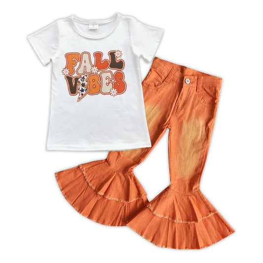 GSPO0867 Fall Vibes White Top Orange Jeans Girls Fall Clothes Set