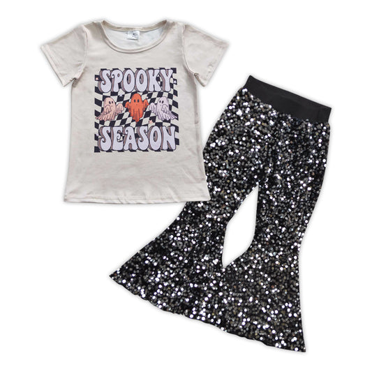 GSPO0873 Spooky Season Top Black Sequin Bell Pants Girls Halloween Clothes Set