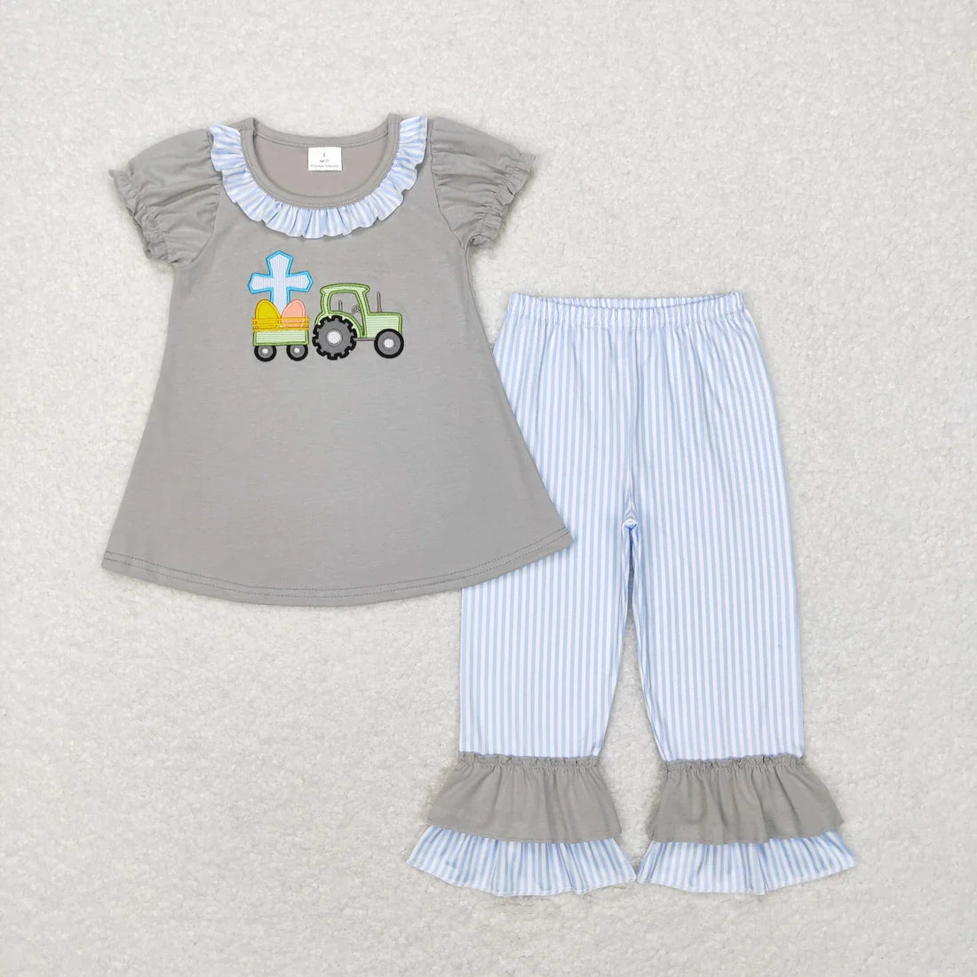 Sibling Baby Kids Embroidery Rabbits Eggs Jesus Top Pants Easter Clothes Set