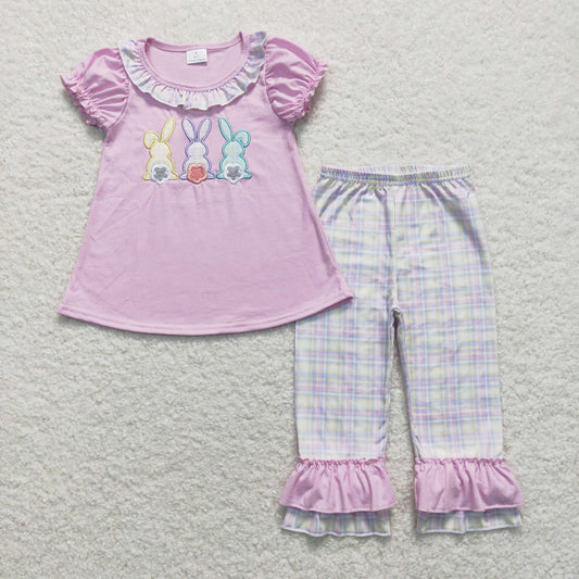 Sibling Baby Kids Embroidery Rabbits Ruffle Pants Easter Clothes Set Rompers