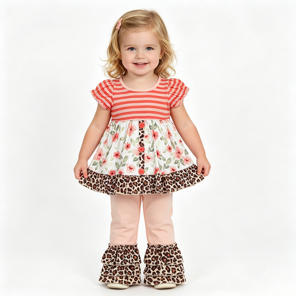 GSPO1044 Baby Girls’ Flowers Print Short Sleeve Tunic Tops & Ruffle Pants Clothes Set