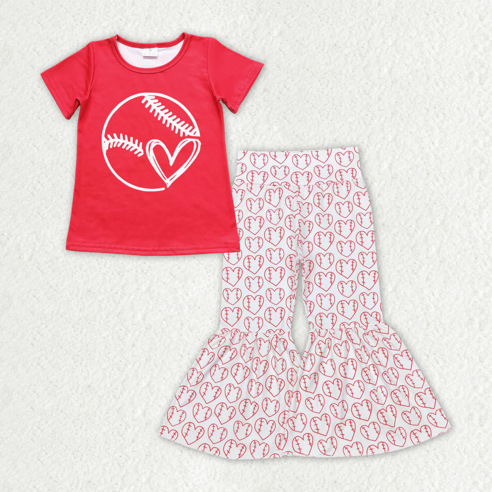 Sibling Baby Girls Short Sleeve Baseballs Footballs Top Bell Bottom Pants Team Clothes Sets