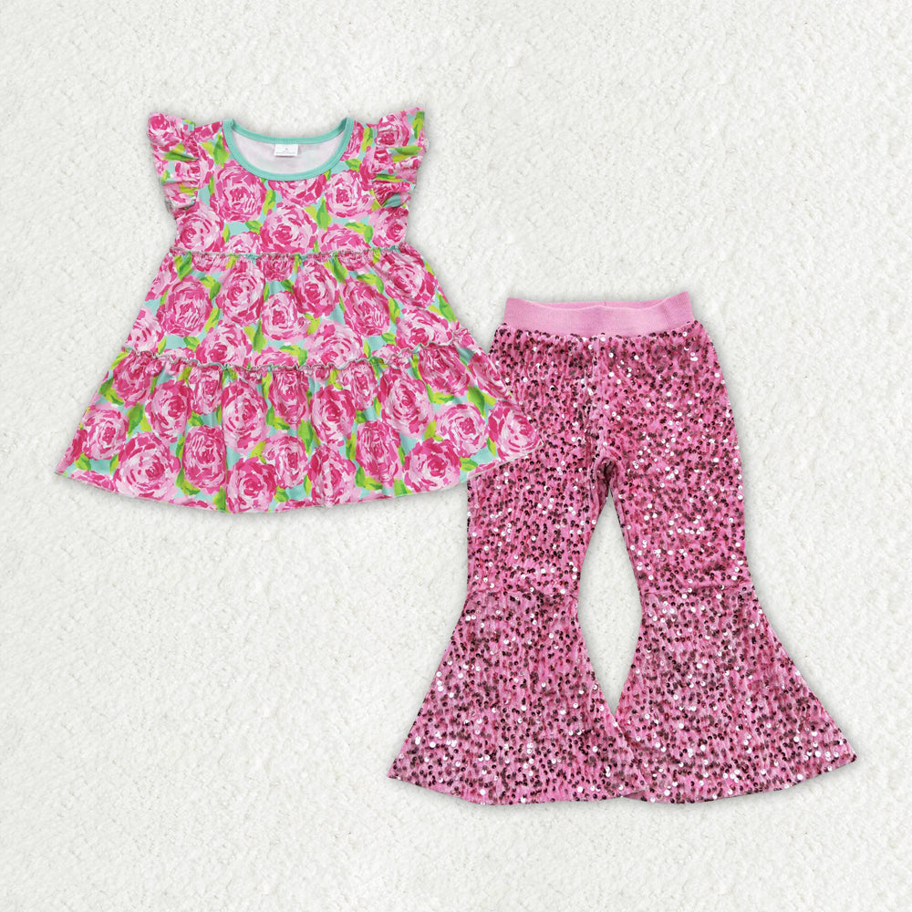 Sibling Baby Girls Flutter Sleeve Colorful Floral Tunic Sequin Bell Bottom Pant Clothes Set