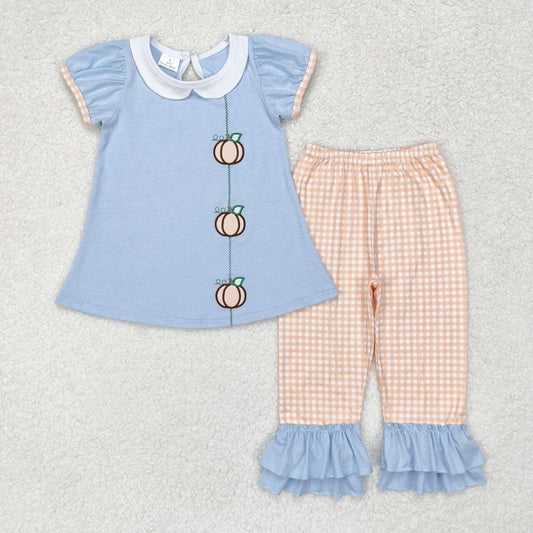 GSPO1534 Pumpkin Embroidery Blue Tunic Top Checkered Pants Girls Fall Clothes Set