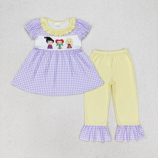 GSPO1535 Witch Purple Checkered Tunic Top Ruffle Pants Girls Halloween Clothes Set