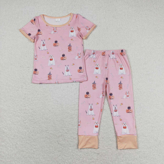 GSPO1538 Dog Pumpkin Pink Print Girls Halloween Pajamas Clothes Set