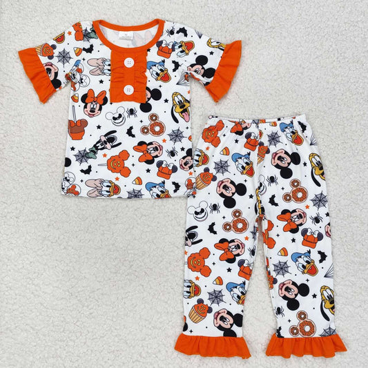 GSPO1552 Cartoon Mouse Web Candy Print Girls Halloween Pajamas Clothes Set