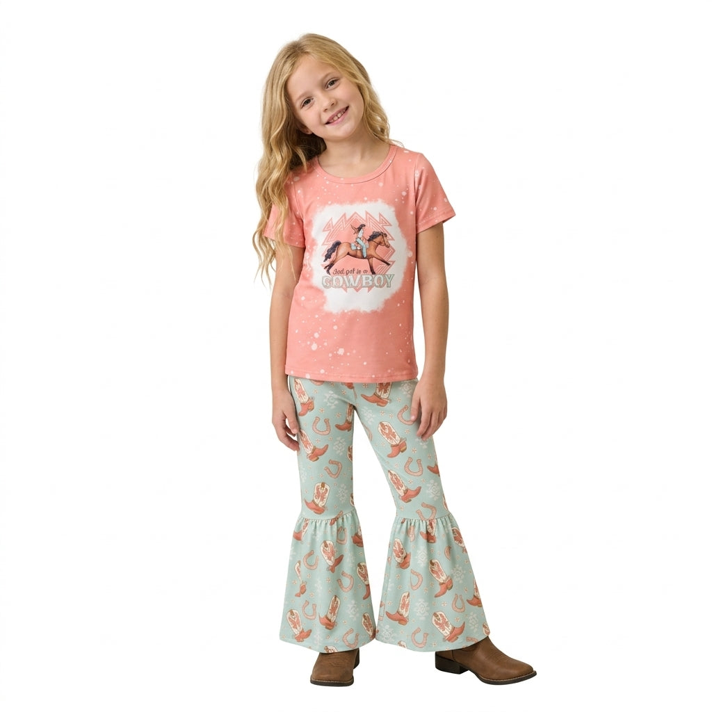 GSPO1571 Kids Girls Bowboy Print Short Sleeve Top Bell Bottom Pants Outfit