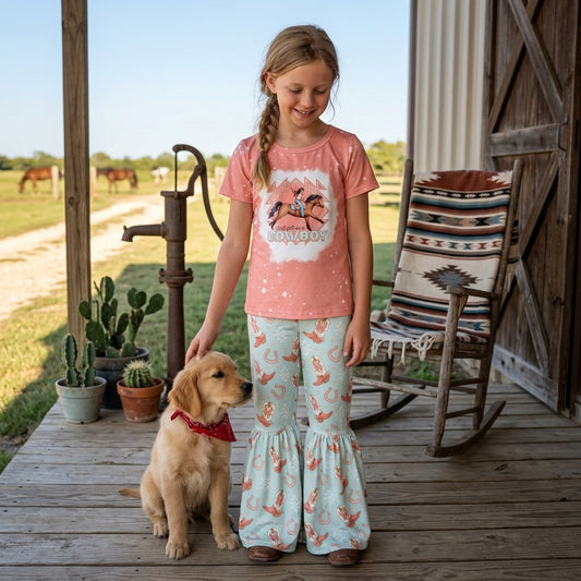 GSPO1571 Cowboy Pink Top Boots Bell Pants Girls Clothes Set