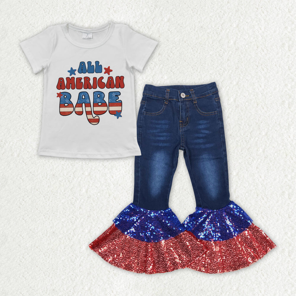Sibling Baby Girls America Babe Smile Top Denim Bell Bottom Pant 4th of July Clothes Sets